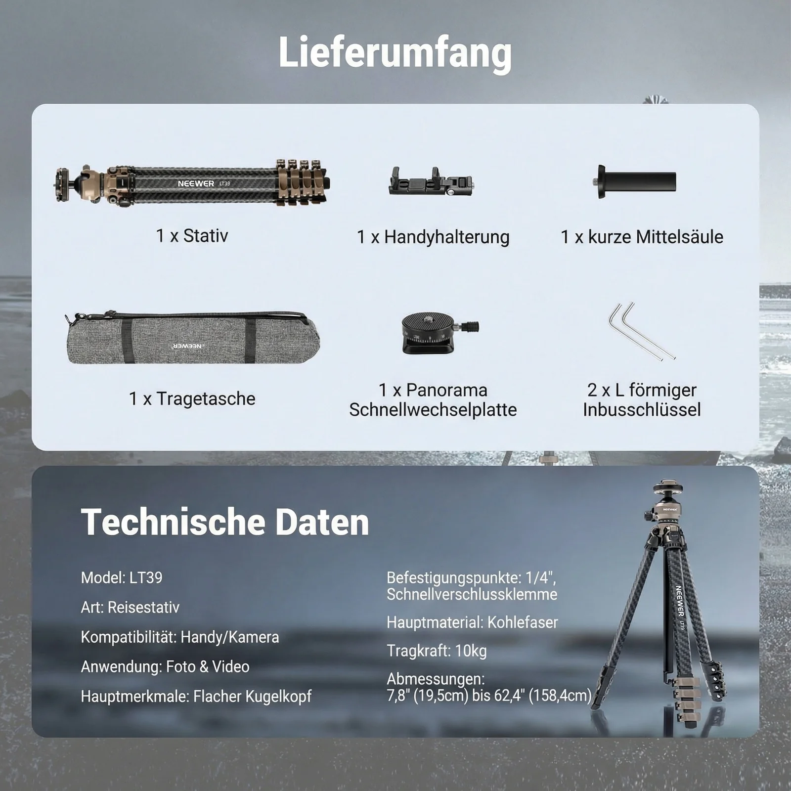 NEEWER LT39 158cm Kohlefaser Reisestativ - Image 8