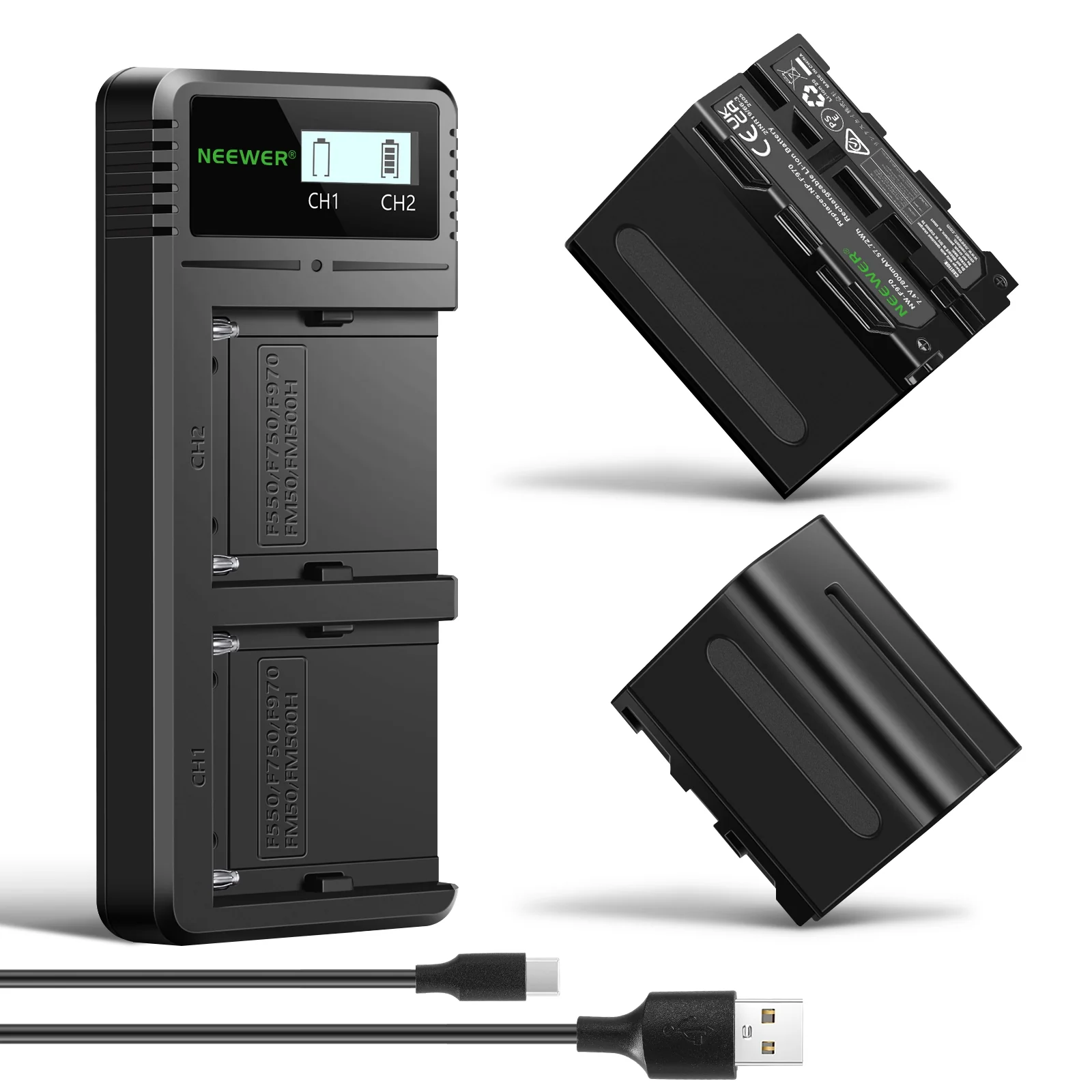 NEEWER NW-F970 2Stk NP-F970 7800mAh Ersatzakkus mit LCD Schnellladegerät Dual