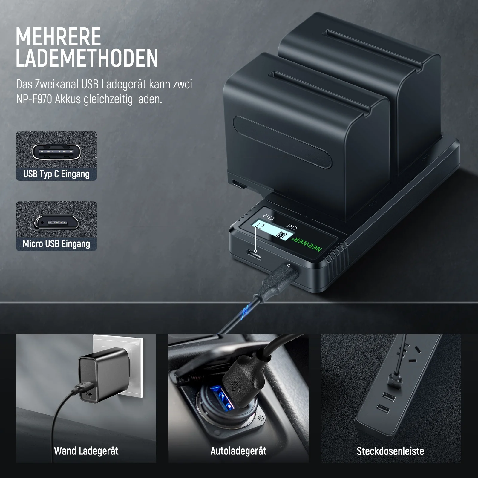 NEEWER NW-F970 2Stk NP-F970 7800mAh Ersatzakkus mit LCD Schnellladegerät Dual - Image 6