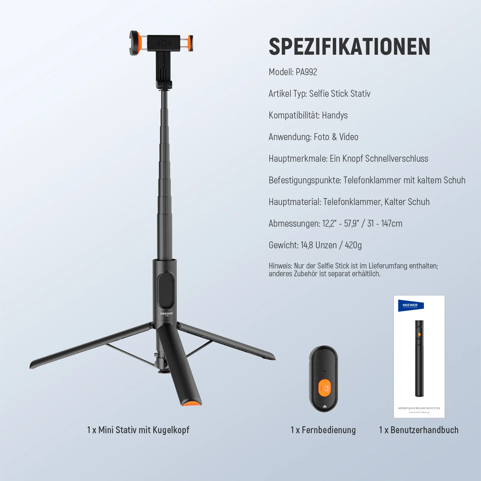 NEEWER PA992 147cm Schnellverschluss Selfie Stick Stativ für Smartphones - Image 8