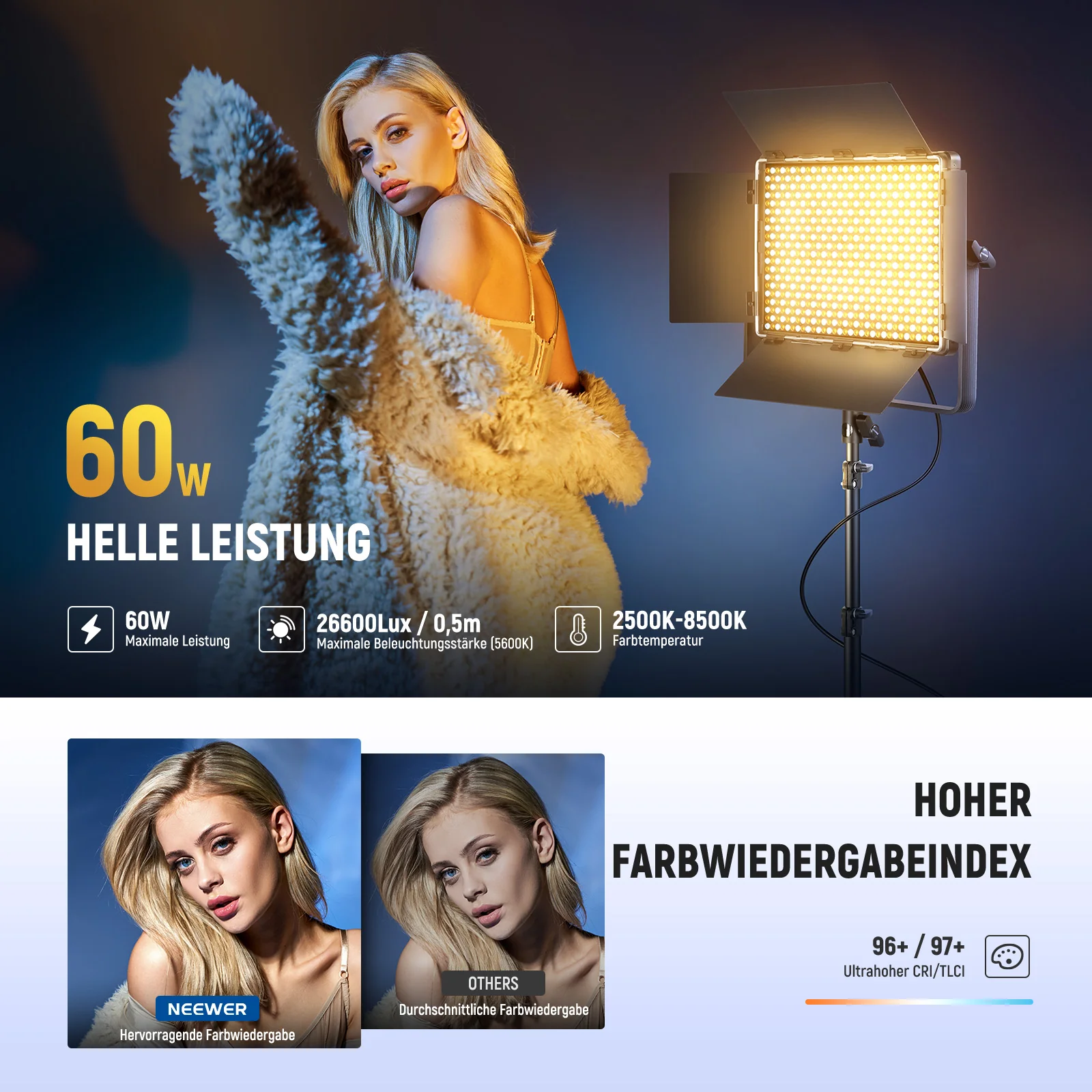 NEEWER PL60B 60W Bi-Color LED Panel Videolicht - Image 3