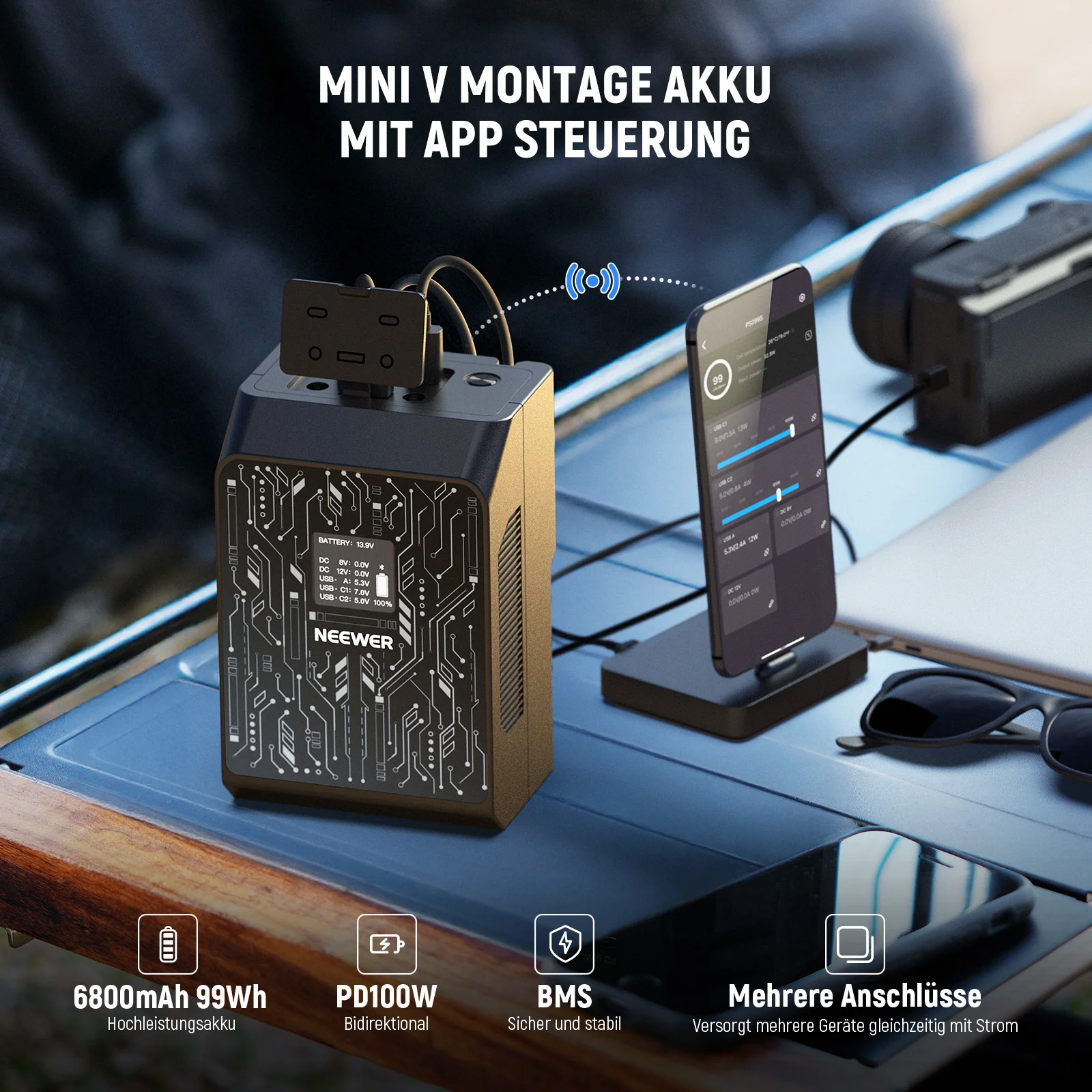 NEEWER PS099S 6800mAh 99Wh Mini V Mount Akku mit APP Steuerung - Image 2