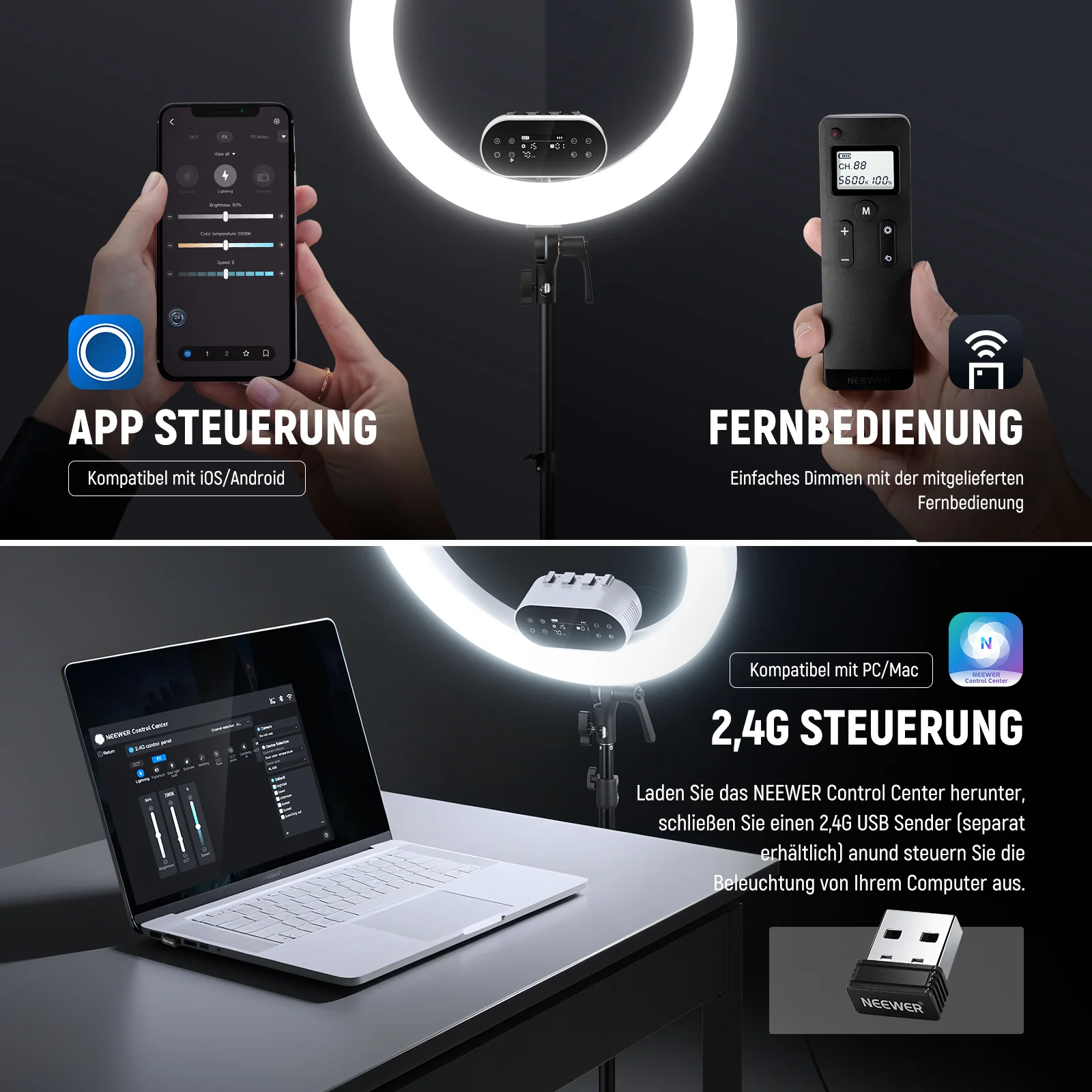 NEEWER RH100B 19" 100W Hochleistungs LED Ringlicht mit Stativständer - Image 5
