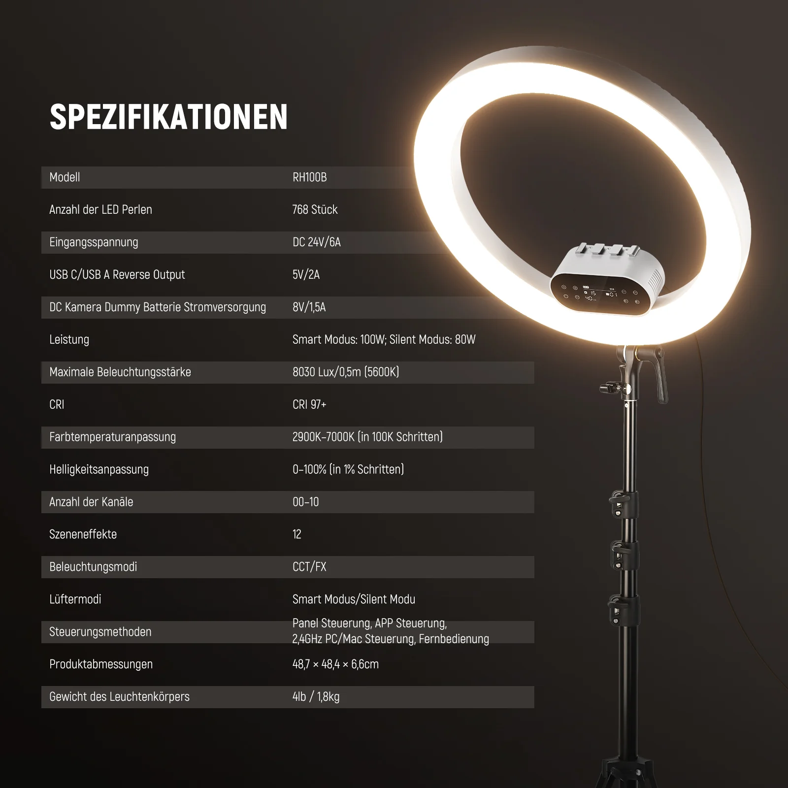 NEEWER RH100B 19" 100W Hochleistungs LED Ringlicht mit Stativständer - Image 8