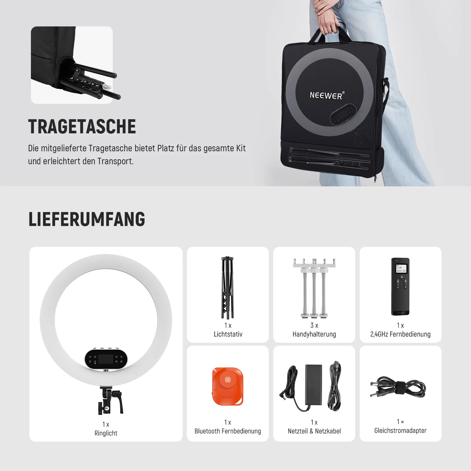NEEWER RH100B 19" 100W Hochleistungs LED Ringlicht mit Stativständer - Image 9