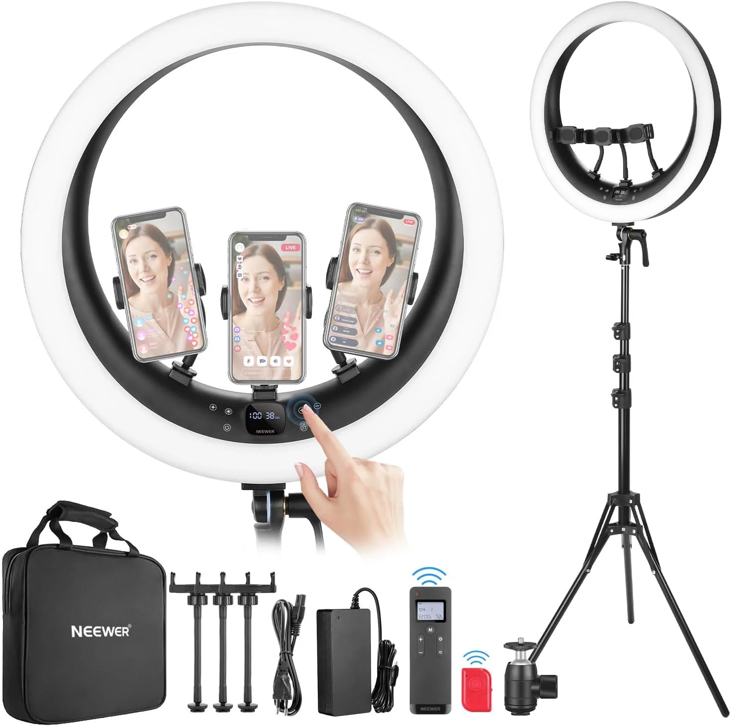 NEEWER RP19H 19Zoll Ringlicht mit Ständer und 3 Handyhalterung für Live Streaming
