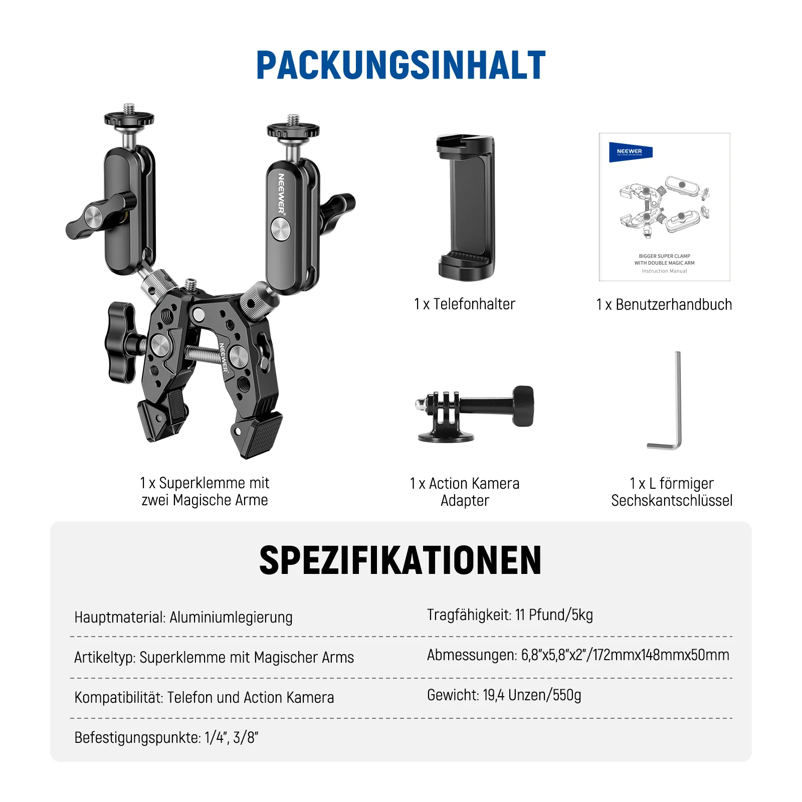NEEWER Heavy Duty Super Clamp mit Zwei 360° Doppelkugelkopf Magischen Armen - Image 9