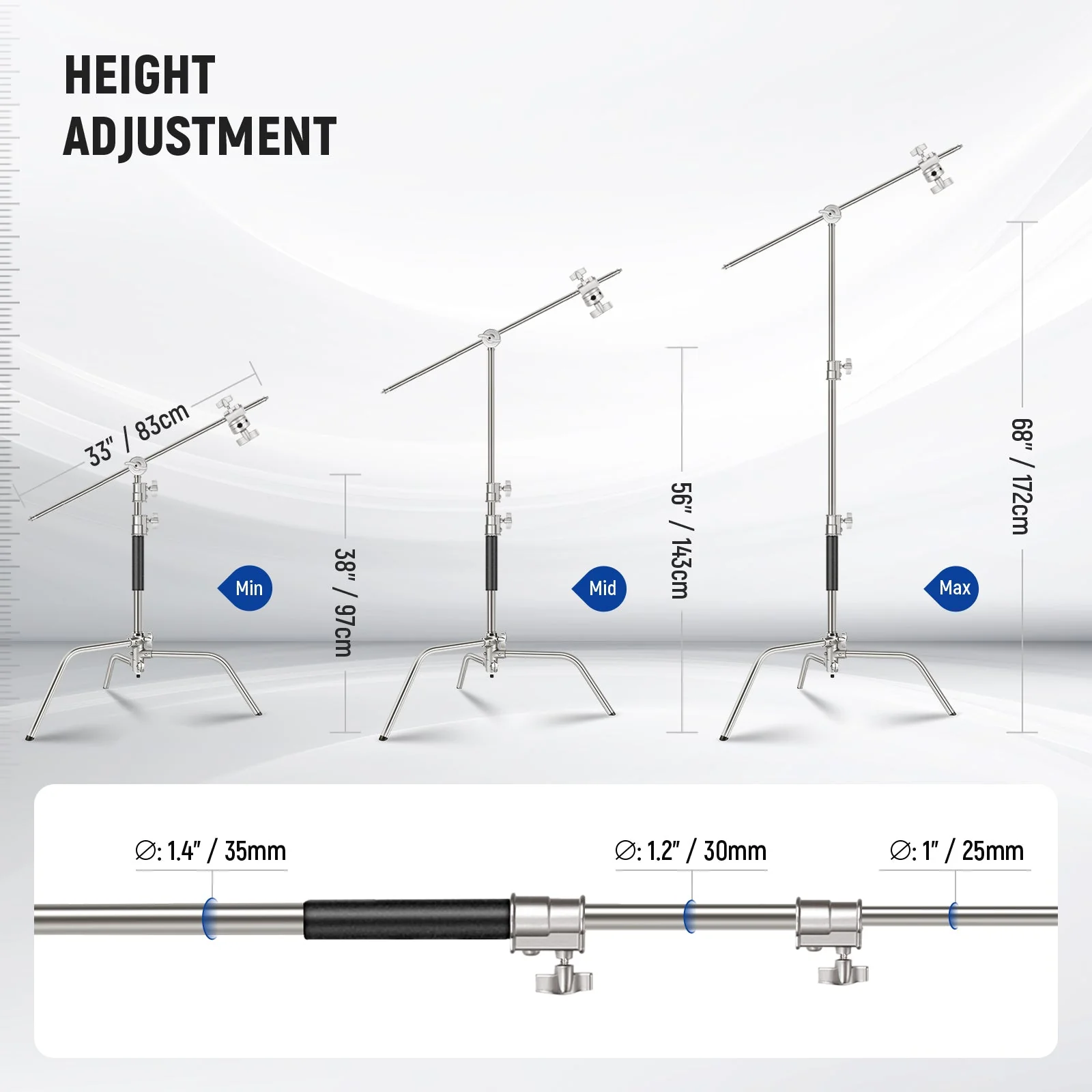 NEEWER SC172 172cm 100% Edelstahl Heavy Duty C-Stand - Image 2