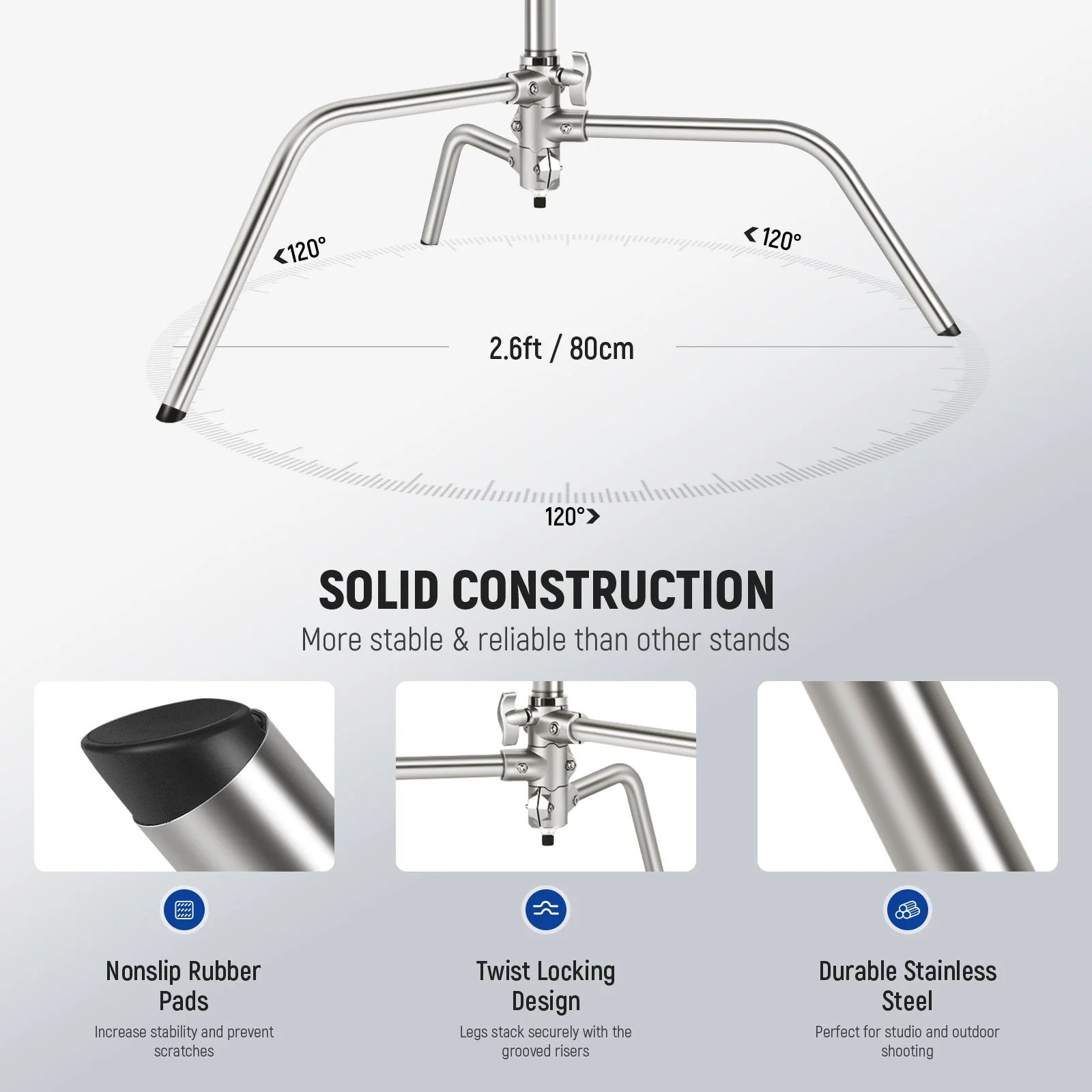 NEEWER SC172 172cm 100% Edelstahl Heavy Duty C-Stand - Image 6
