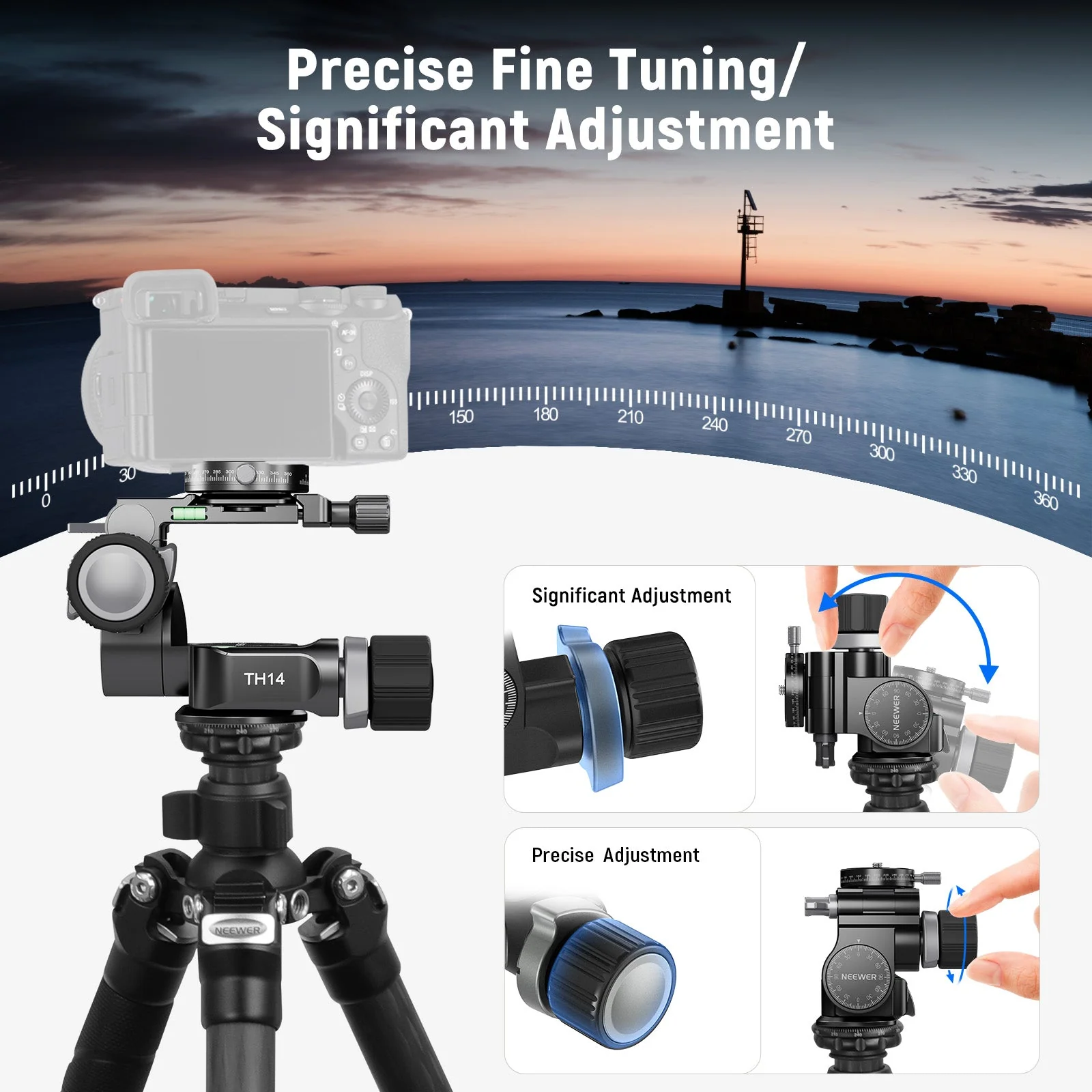 NEEWER TH14 2 Wege Getriebe Stativkopf mit Millimeter Mikro Einstellung - Image 3