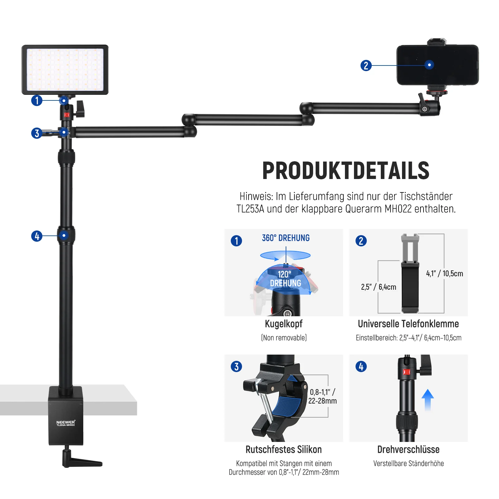 NEEWER TL253A+MH022 Verbesserter Tisch Kamerastativ mit flexiblem Arm - Image 5