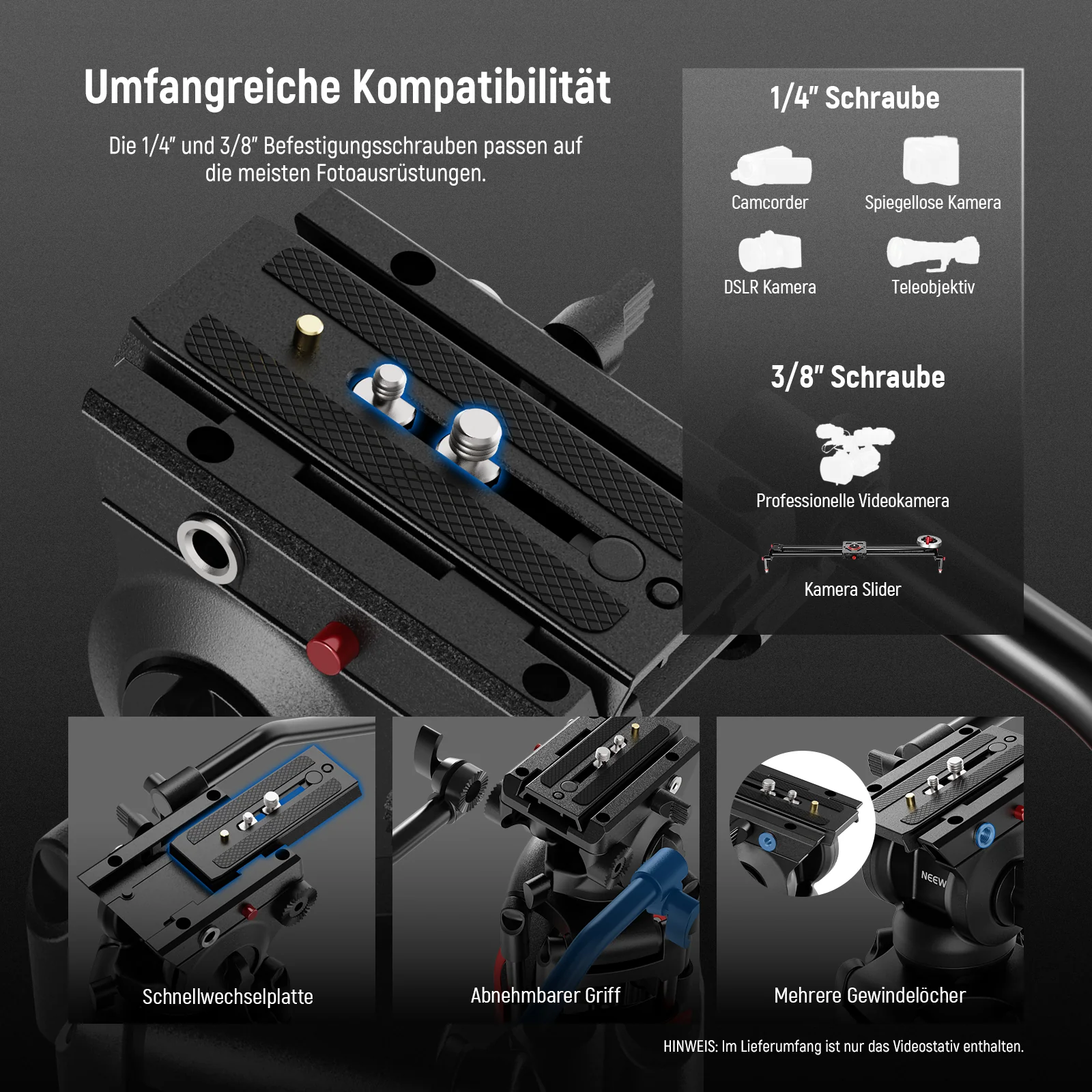 NEEWER BASICS TP37 74" 187cm Metall Videostativ mit Fluidkopf - Image 4
