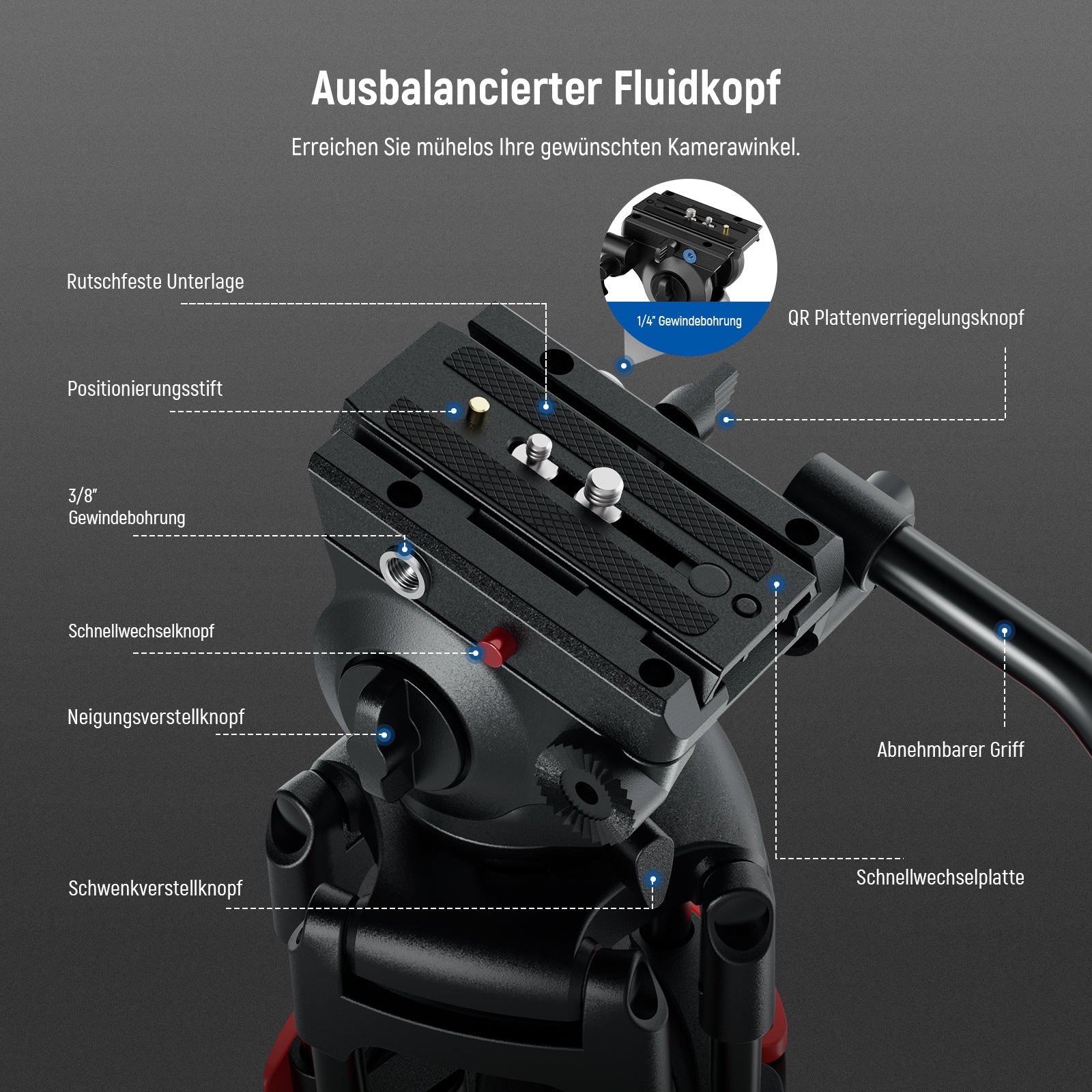 NEEWER BASICS TP37 74" 187cm Metall Videostativ mit Fluidkopf - Image 5