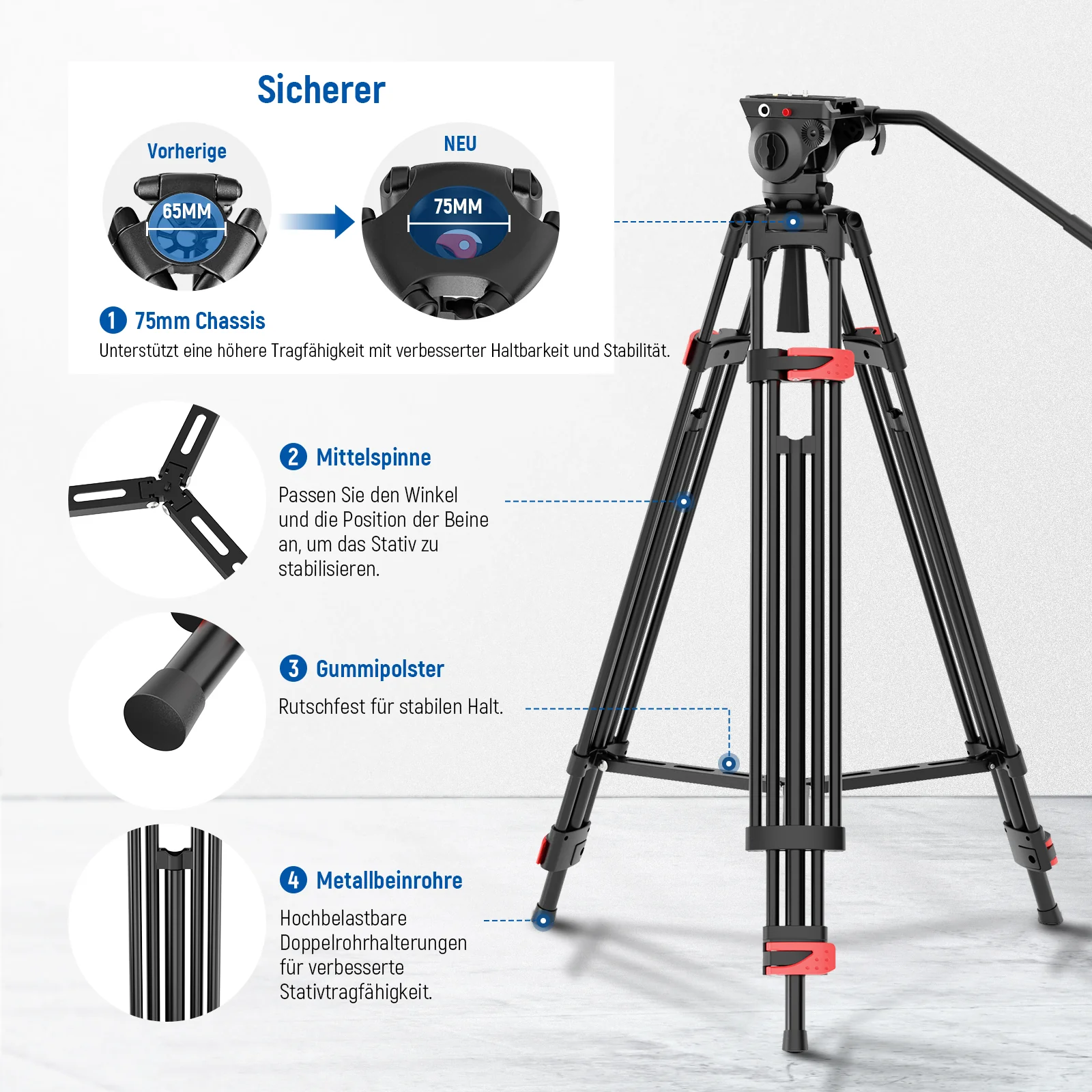 NEEWER BASICS TP37 74" 187cm Metall Videostativ mit Fluidkopf - Image 9