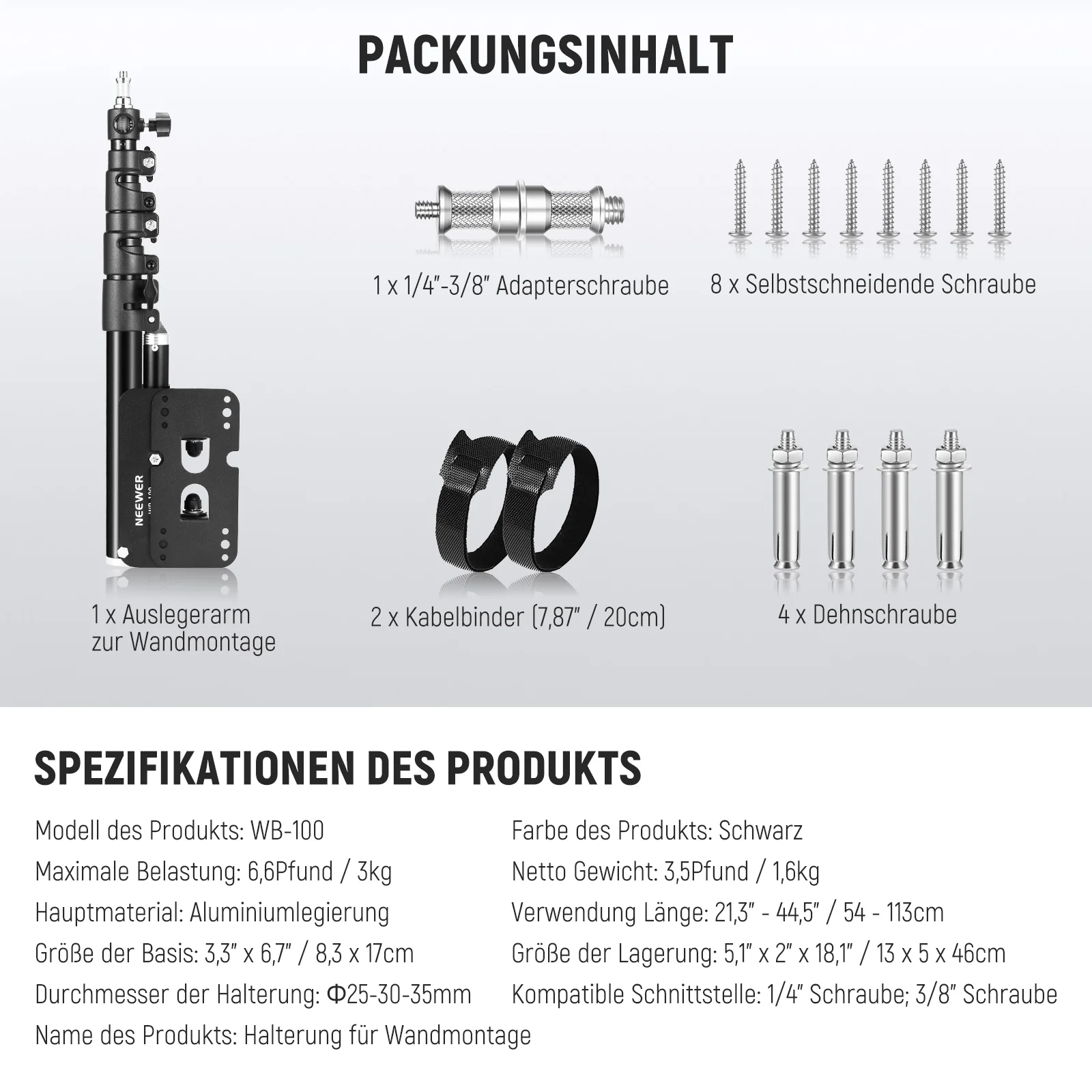 NEEWER WB-100 116cm Dreieckiger Wandhalterung Auslegerarm - Image 9