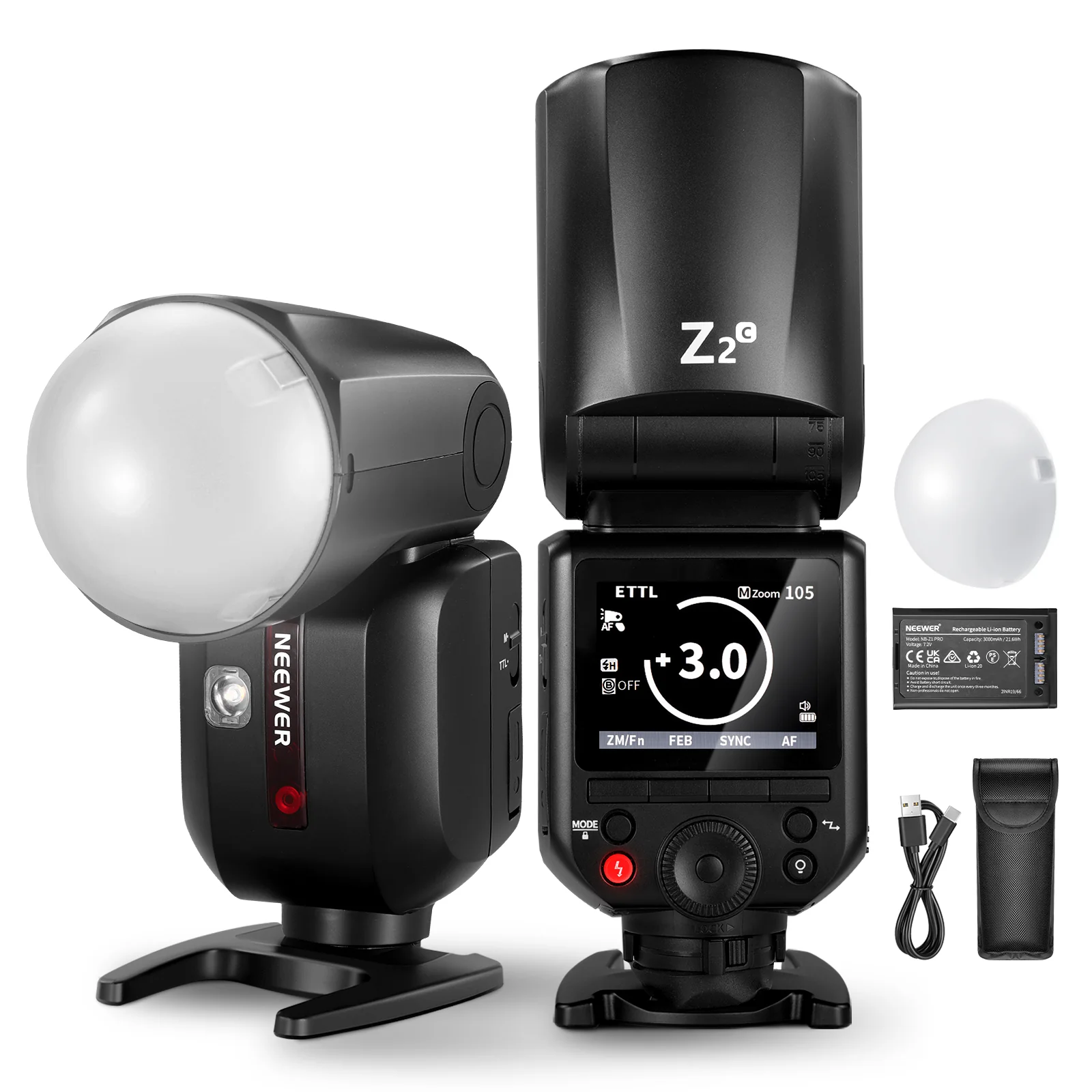 NEEWER Z2 3000mAh Batterie TTL Flash Rundkopf Blitz Speedlite mit Diffusor