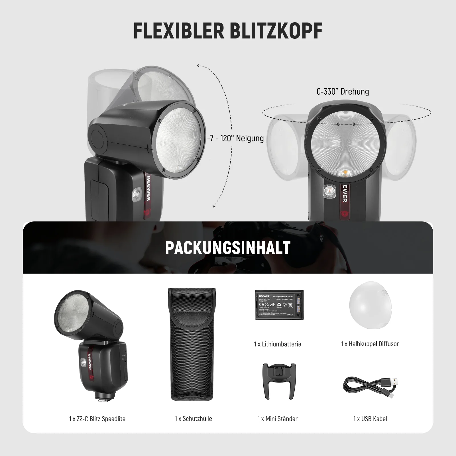 NEEWER Z2 3000mAh Batterie TTL Flash Rundkopf Blitz Speedlite mit Diffusor - Image 9